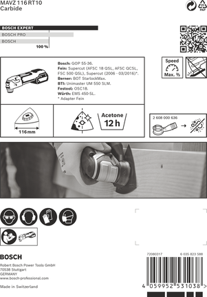 „Bosch EXPERT“ šlifavimo plokštė MAVZ 116 RT10, 116 mm kietmetalio ašmenys.