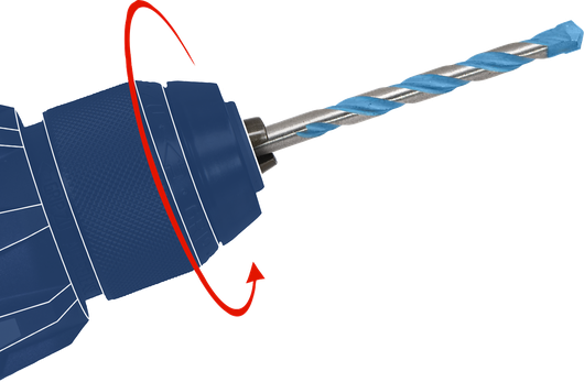 Mėlynas rotacinis grąžto griebtuvas su įdėtu mūro grąžtu.