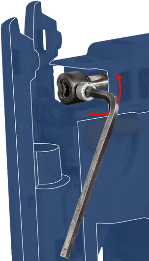 Šešiakampis raktas, priveržiantis varžtą mėlyname metaliniame korpuse.