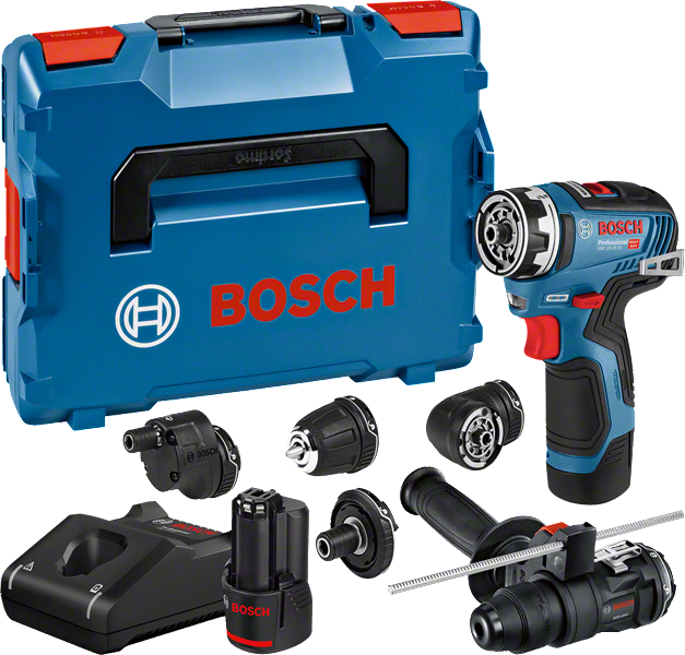 „Bosch GSR 12V-35 FC“ akumuliatorinis gręžtuvas-suktuvas su priedais.