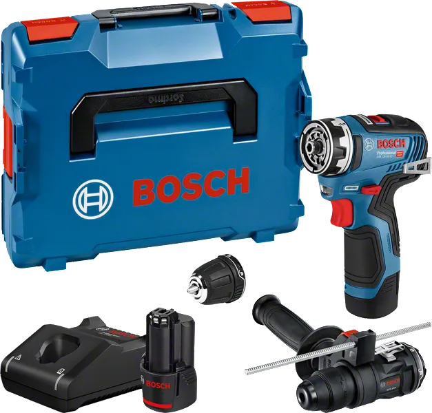 „Bosch GSR 12V-35 FC“ akumuliatorinis gręžtuvas-suktuvas su priedais.