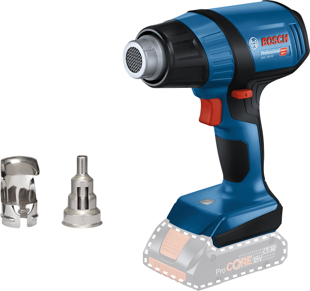 „ Bosch GHG 18V-50“ akumuliatorinis karšto oro pistoletas su antgaliais.