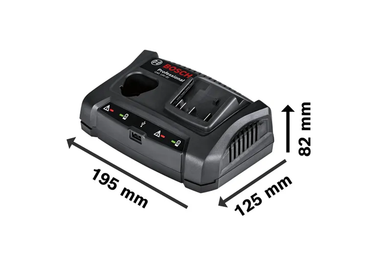„ Bosch GAX 18V-30“ įkroviklis su nurodytais matmenimis.