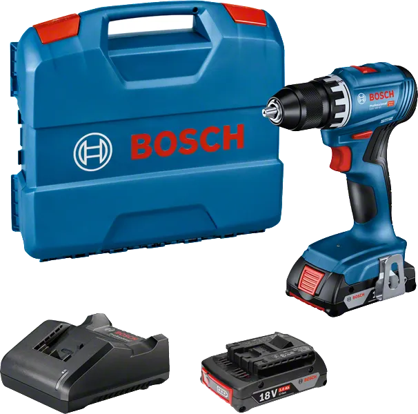 „ Bosch GSR 18V-45“ akumuliatorinis gręžtuvas su baterija ir dėklu.