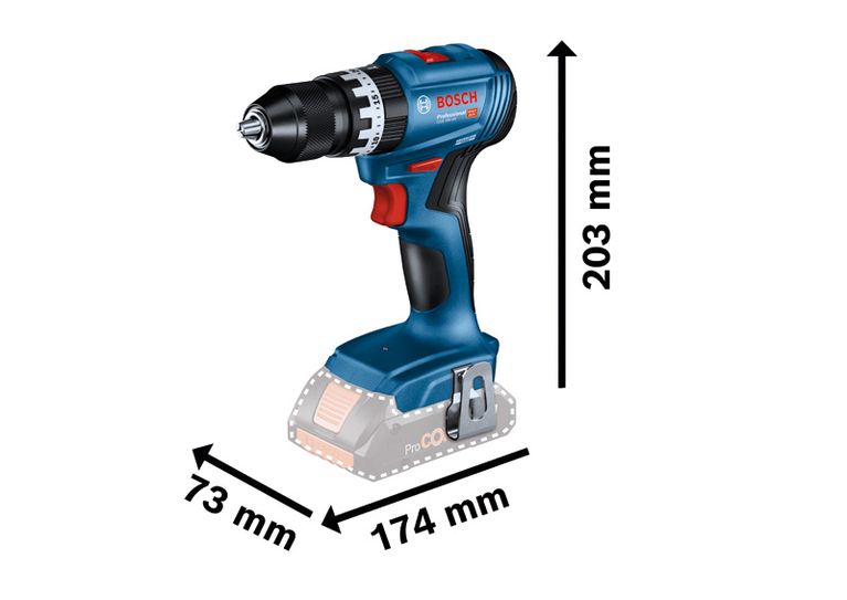„Bosch GSB 18V-45“ akumuliatorinis gręžtuvas su matmenimis.