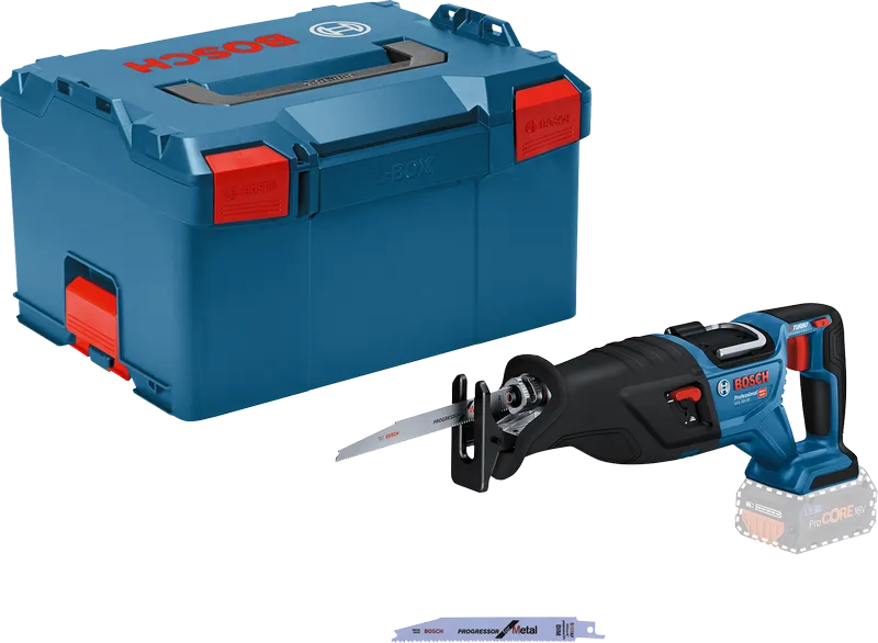 „Bosch GSA 18V-28“ akumuliatorinis tiesinis pjūklas su „L-Boxx“.