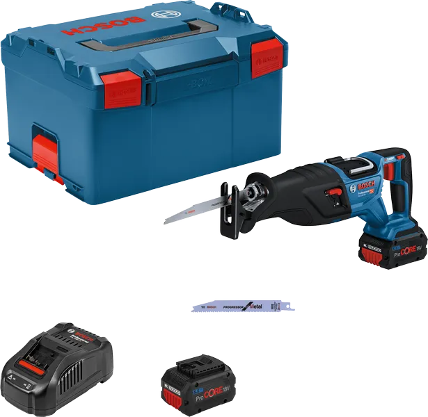 „Bosch GSA 18V-28“ tiesinio pjūklo rinkinys su akumuliatoriumi.