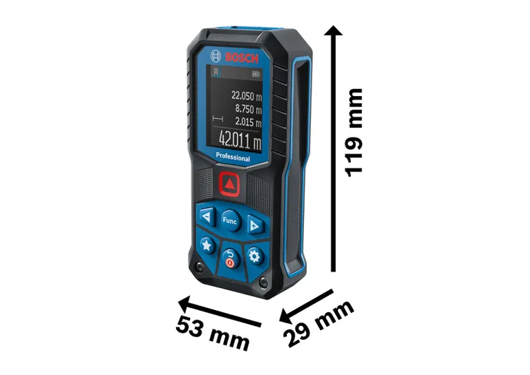 „Bosch GLM 50-22“ lazerinis atstumų matuoklis su nurodytais matmenimis.