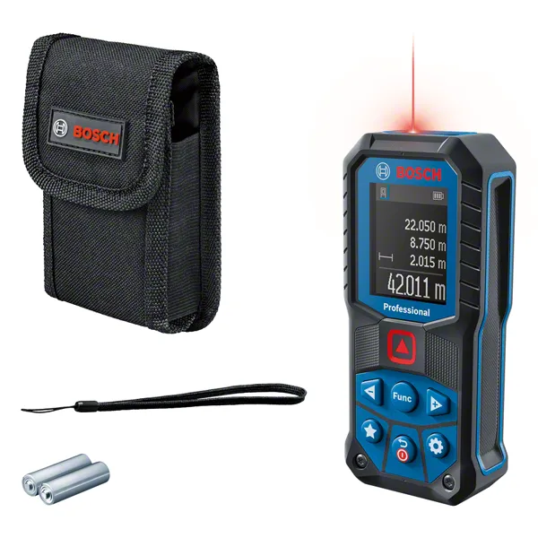„ Bosch GLM 50-22“ lazerinis atstumų matuoklis su dėklu ir baterijomis.