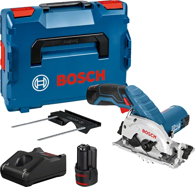 „Bosch GKS 12V-26“ akumuliatorinis diskinis pjūklas su dėklu.