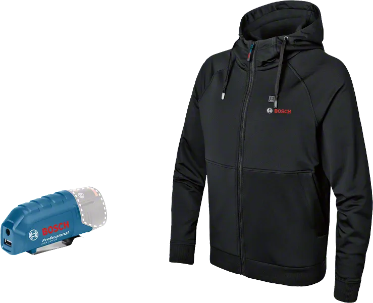 „Bosch“ šildoma striukė ir 12 V akumuliatoriaus adapteris.