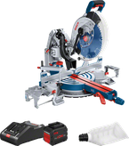 Akumuliatorinis kampinis pjūklas „Bosch GCM18V-305“ su akumuliatoriumi.