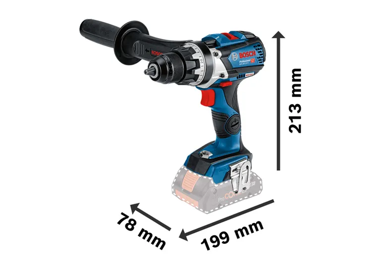 „Bosch GSR 18V-110 C“ akumuliatorinis gręžtuvas su matmenimis.
