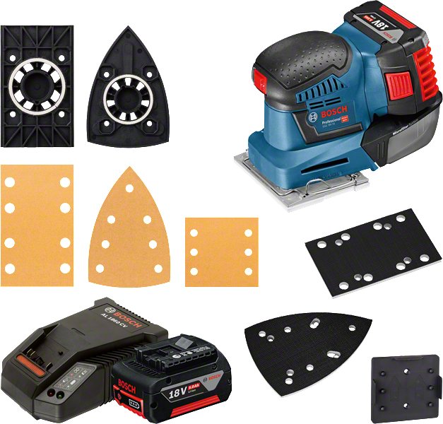 „Bosch GSS 18V-10“ akumuliatorinis orbitinis šlifuoklis.