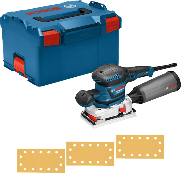 „Bosch GSS 230 AVE“ orbitinis šlifuoklis su dulkių surinkimo dėže ir dėklu.