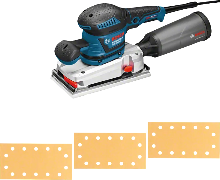 „Bosch GSS 280 AVE“ šlifuoklis su dulkių surinkimo dėže ir šlifavimo lapeliais.