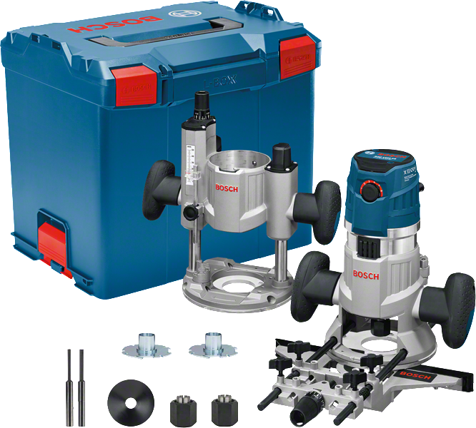 „Bosch GMF 1600 CE“ frezavimo rinkinys su dėklu ir priedais.