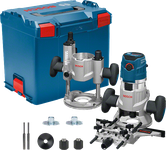 „Bosch GMF 1600 CE“ frezavimo rinkinys su dėklu ir priedais.