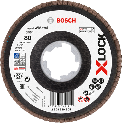 „Bosch X-LOCK“ plokštelinis šlifavimo diskas metalui X551, grūdėtumas 80.