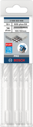 „Bosch SDS plus-5X“ 14 × 100 × 160 mm grąžtų, 10 vnt. pakuotėje.