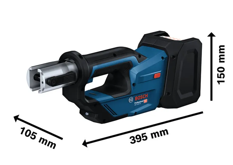 „Bosch 18V 8Ah ProCORE“ akumuliatorinis pjūklas su matmenimis.