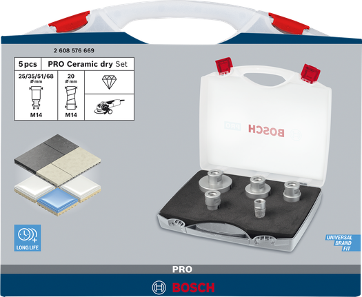 „Bosch PRO“ keraminių sausų gręžimo šerdžių rinkinys, 5 vnt., dėkle.