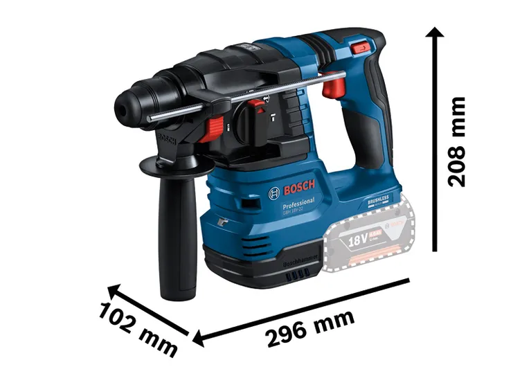 „Bosch GBH 18V-22“ perforatorius-gręžtuvas su matmenimis.