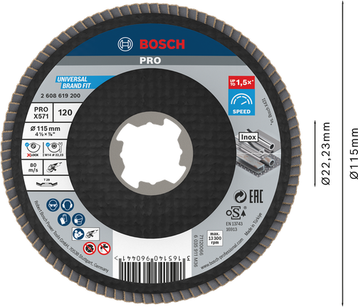 „Bosch PRO X571“ plokštelinis šlifavimo diskas, 115 mm, G120, „X-Lock“ metalui.