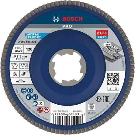„Bosch PRO X571“ plokštelinis šlifavimo diskas, 115 mm, G120, „X-Lock“ metalui.