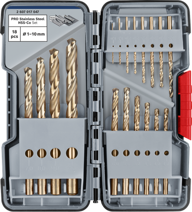 „Bosch PRO“ nerūdijančio plieno HSS-Co grąžtų rinkinys, 18 dalių.