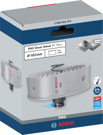 „Bosch “ 102 mm PRO lakštinio metalo PC Plus skylių pjūklas.