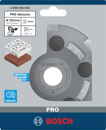 „Bosch PRO“ abrazyvinio šlifavimo galvutė, 125 mm, skirta plytoms ir akmeniui šlifuoti.