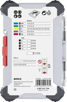 „Bosch“ 35 dalių antgalių ir grąžtų rinkinio ekspozicija.