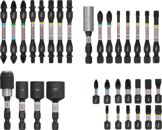 „Bosch PRO“ smūginių atsuktuvų antgalių rinkinys, 35 vnt. įvairių antgalių.