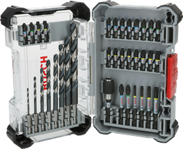 „Bosch PRO Impact Metal“ rinkinys, įvairūs grąžtai ir atsuktuvai.