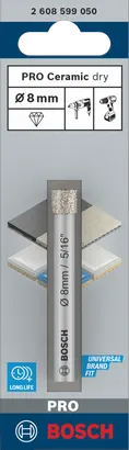 „Bosch PRO Ceramic“ sauso gręžimo antgalis, 8 × 66 mm.