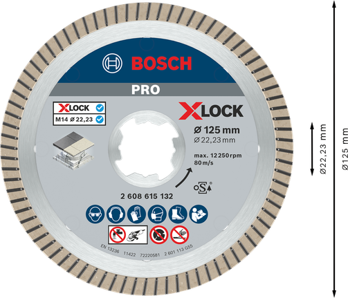 „Bosch PRO Ceramic X-Lock“ deimantinis pjovimo diskas, 125 mm, skirtas plytelėms pjauti.