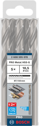 „Bosch PRO Metal HSS-G“ 10,5 mm spiraliniai grąžtai, 5 vnt. pakuotėje.