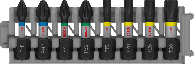 „Bosch PRO“ smūginių atsuktuvų antgalių rinkinys, 8 vnt., įvairių dydžių.