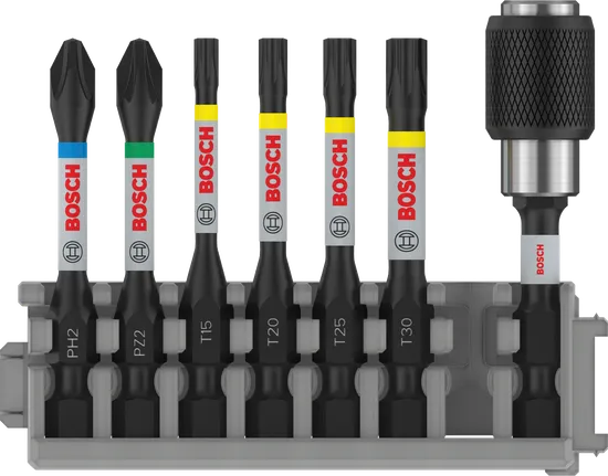 „Bosch PRO“ smūginių įrankių rinkinys su greitai keičiamu antgalių laikikliu.
