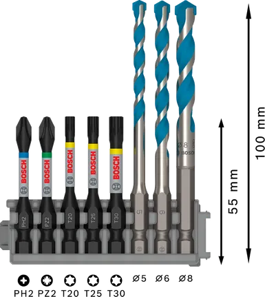 „Bosch PRO“ smūginių grąžtų rinkinys su daugiafunkciniais statybiniais grąžtais.