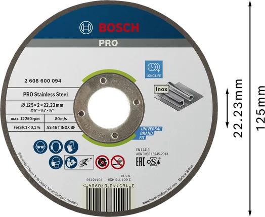 „Bosch PRO“ nerūdijančio plieno pjovimo diskas, 125 x 2 x 22,23 mm.