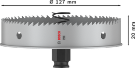 „Bosch PRO“ lakštinio metalo PC Plus skylių pjūklas, 127 mm skersmens.