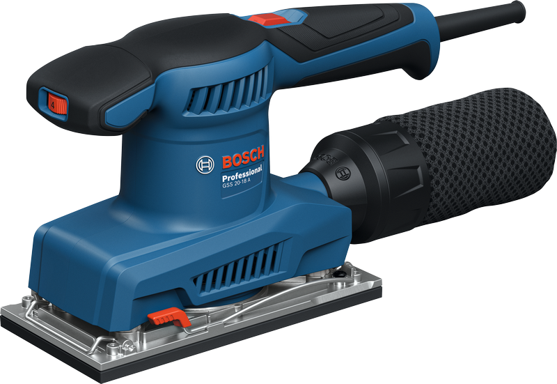 „Bosch GSS 20-18 A“ orbitinis šlifuoklis su dulkių surinkimo dėže.