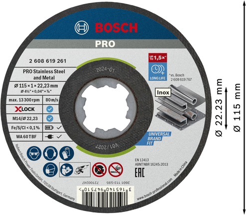 „Bosch PRO“ nerūdijančio plieno „X-Lock“ pjovimo diskas, 115 mm.