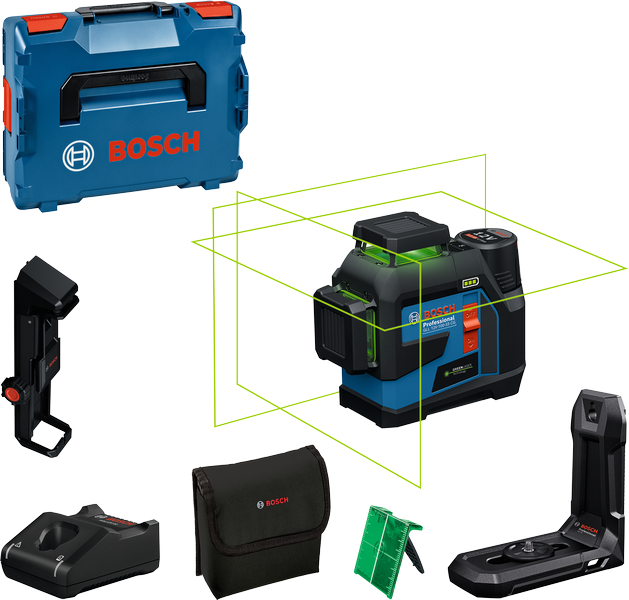 „Bosch GLL 12V-100“ lazerinis niveliavimo įrankis su priedais.