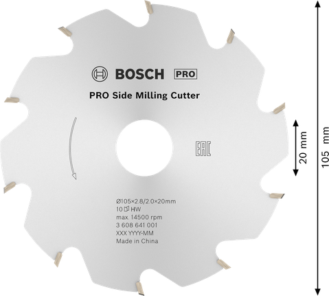 „Bosch PRO“ šoninis frezavimo įrankis, 105 mm skersmens, 10 dantų.