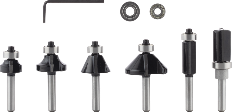 „Bosch PRO“ frezos antgalių, apdailos ir briaunų rinkinys, 6 vnt., 1/4 colio kotas.