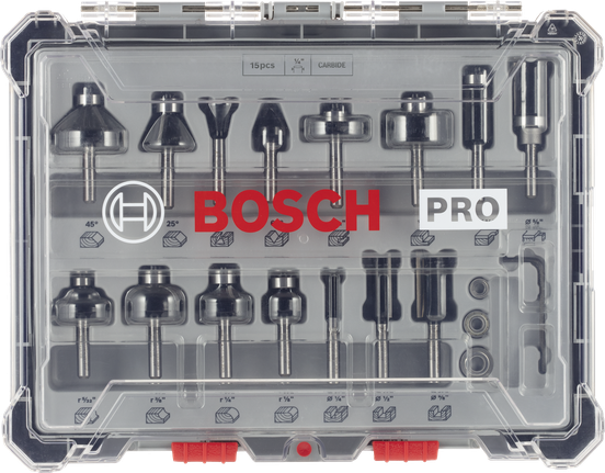 „Bosch PRO 1/4“ frezų rinkinys, 15 dalių.