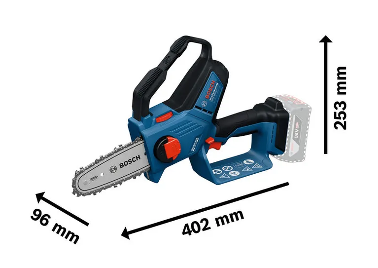 „ Bosch GKE 18V-15“ akumuliatorinis genėjimo pjūklas su matmenimis.